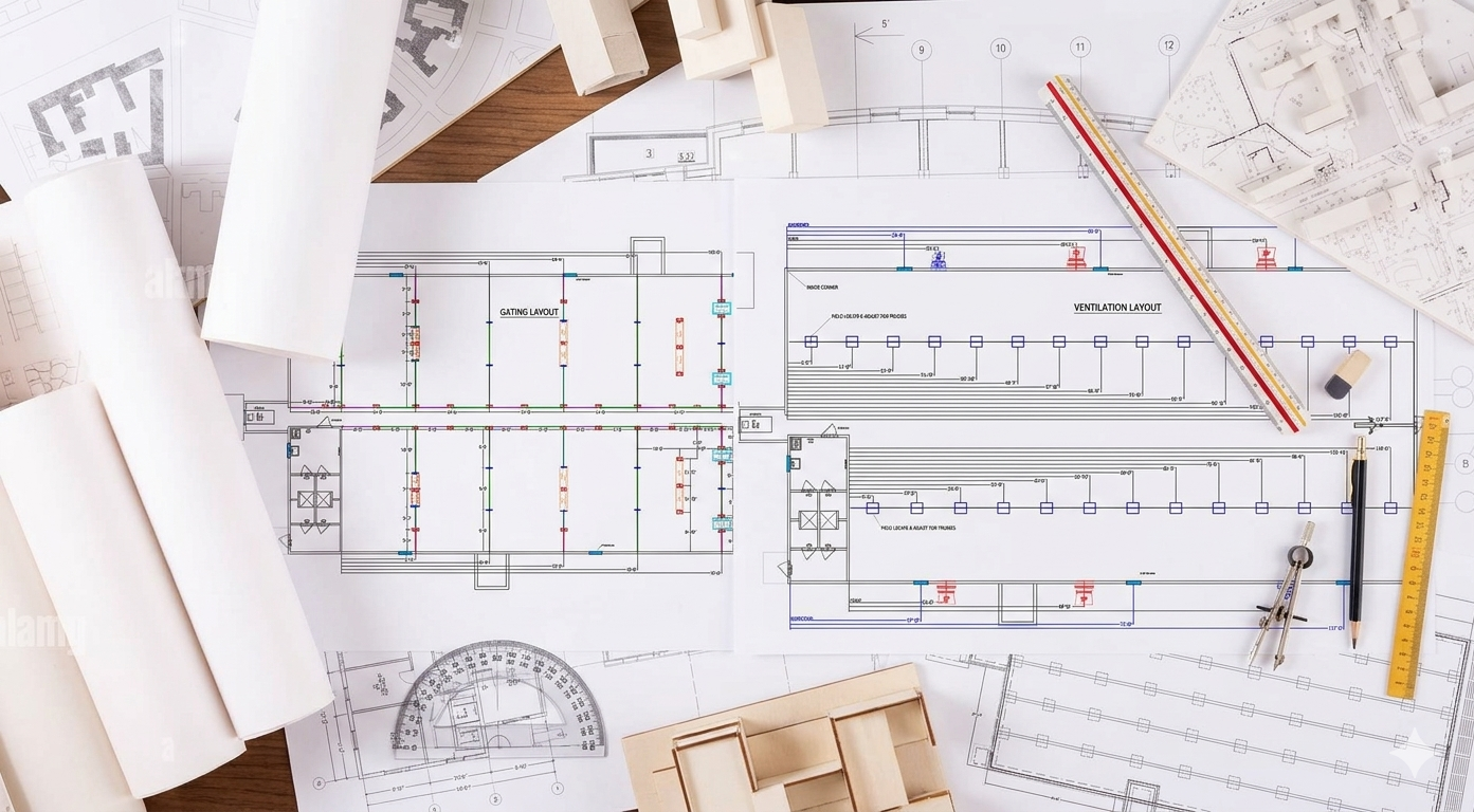 CAD drawings on drafting table, gating and ventilation layouts